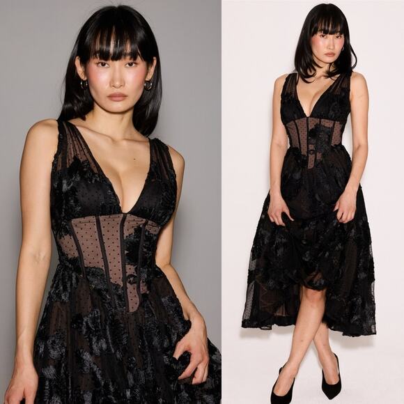 House of CB Sianna Black Embroidered Tulle Corset Midi Dress S - Picture 4 of 9